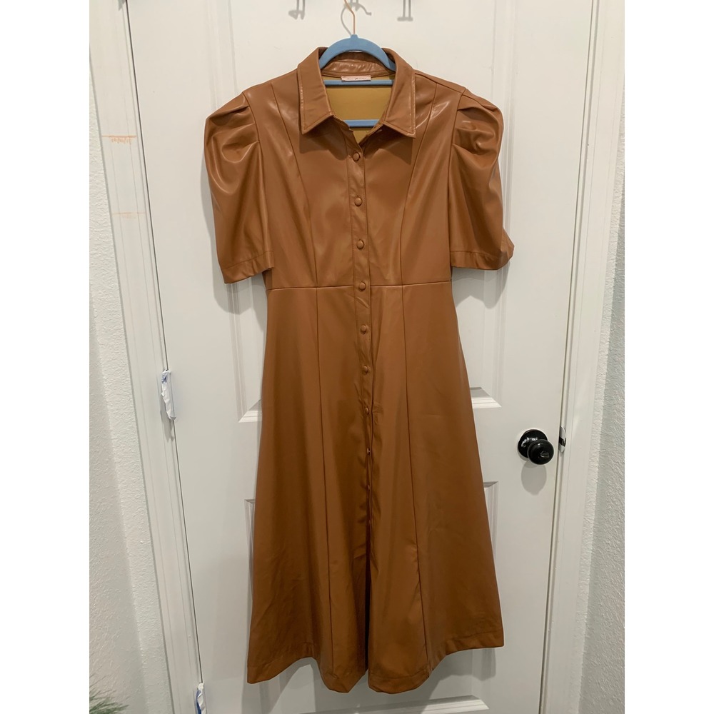 Ces Femme Brown Vegan Leather Puff Sleeve Button Down Midi Dress DIC50863 Small